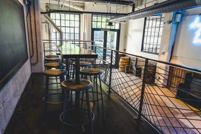 High tables along the mezzanine rail