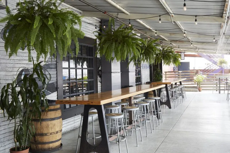 The outdoor patio with string lights